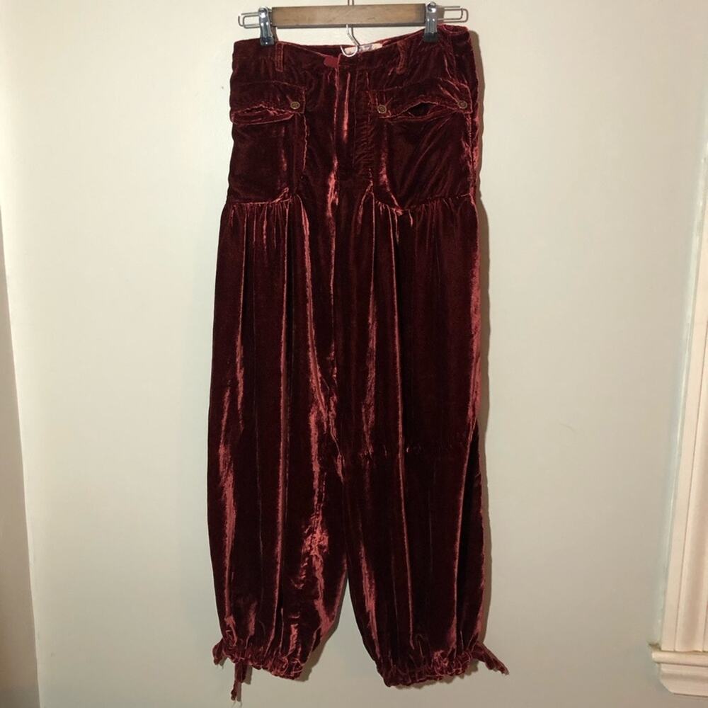 Free People Lotus Velvet garnet red pants balloon-style cinched tie ankles 27 - Picture 2 of 12
